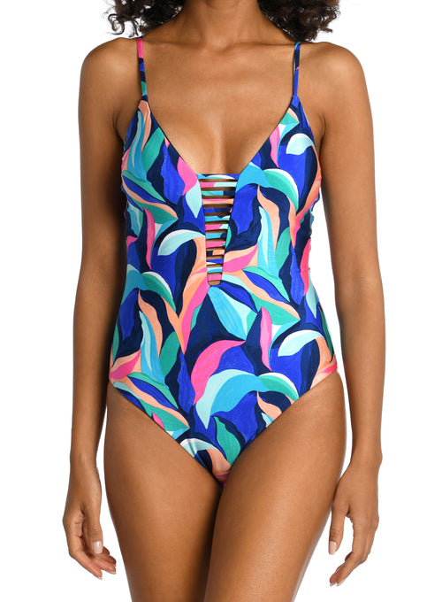 Painted Leaves Collection  Reversible Plunge Mio with Strappy Detial and Pink Tassel Charms   Moderate Rear Coverage   Fabric Content: 86% Nylon / 14% Elastane   Product#: LB3ZP09