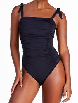 Solids Collection  Shirred Square Neck One Piece Swimsuit  Feature: Shelf Bra, Removable Soft Cups, Side Shirred Panels, Double Lined & Fixed Bow Straps  Fabric Content:  Matte Jersey: 82% Nylon/18% Spandex  Lining: 92% Polyester/8% Spandex  Product#: S98374