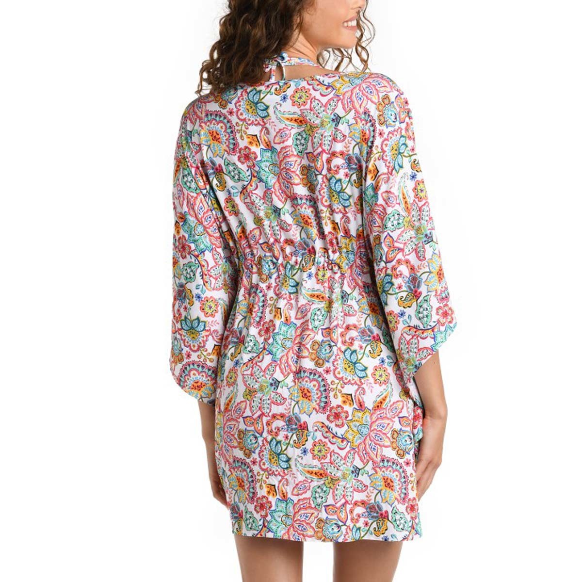 La Blanca Gypsy Soul Caftan Cover Up A-line silhouette V-neckline 3/4 bell sleeves Drawstring waist with tassels Paisley print Straight hemline Pullover construction Back View