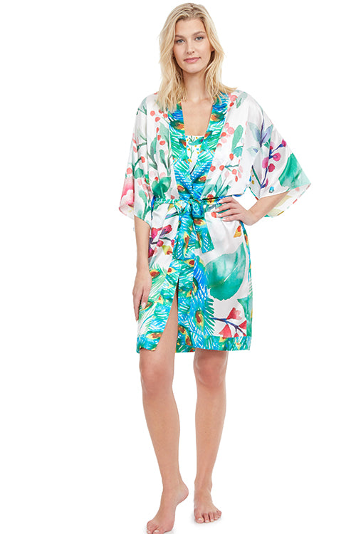 Gottex Belted Kimono Multi colors Short sleeves 100% Polyester  Made in Morocco Front View Closed