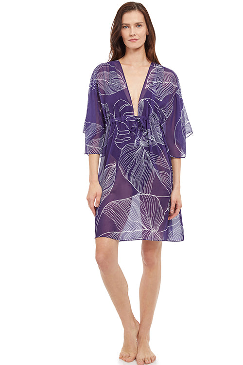 Gottex Essence V-Neck Cover-Up Color Ink with white leaf details  100% Polyester Recycled Fabric Made in Morocco Front view