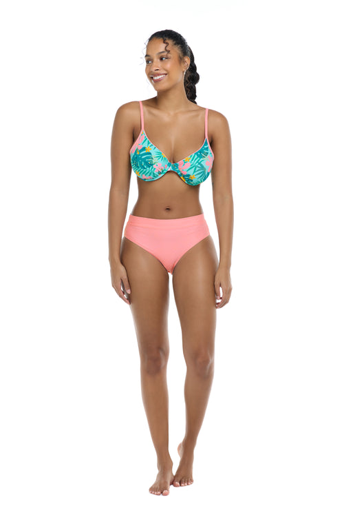 Body Glove Flor Nove Solo U-Wire Bra Reversible: solid pink or turquoise print Straps in the back can either be straight or crossed Polyamide/Spandex Hand wash cold water Top and bottom sold separately Front View