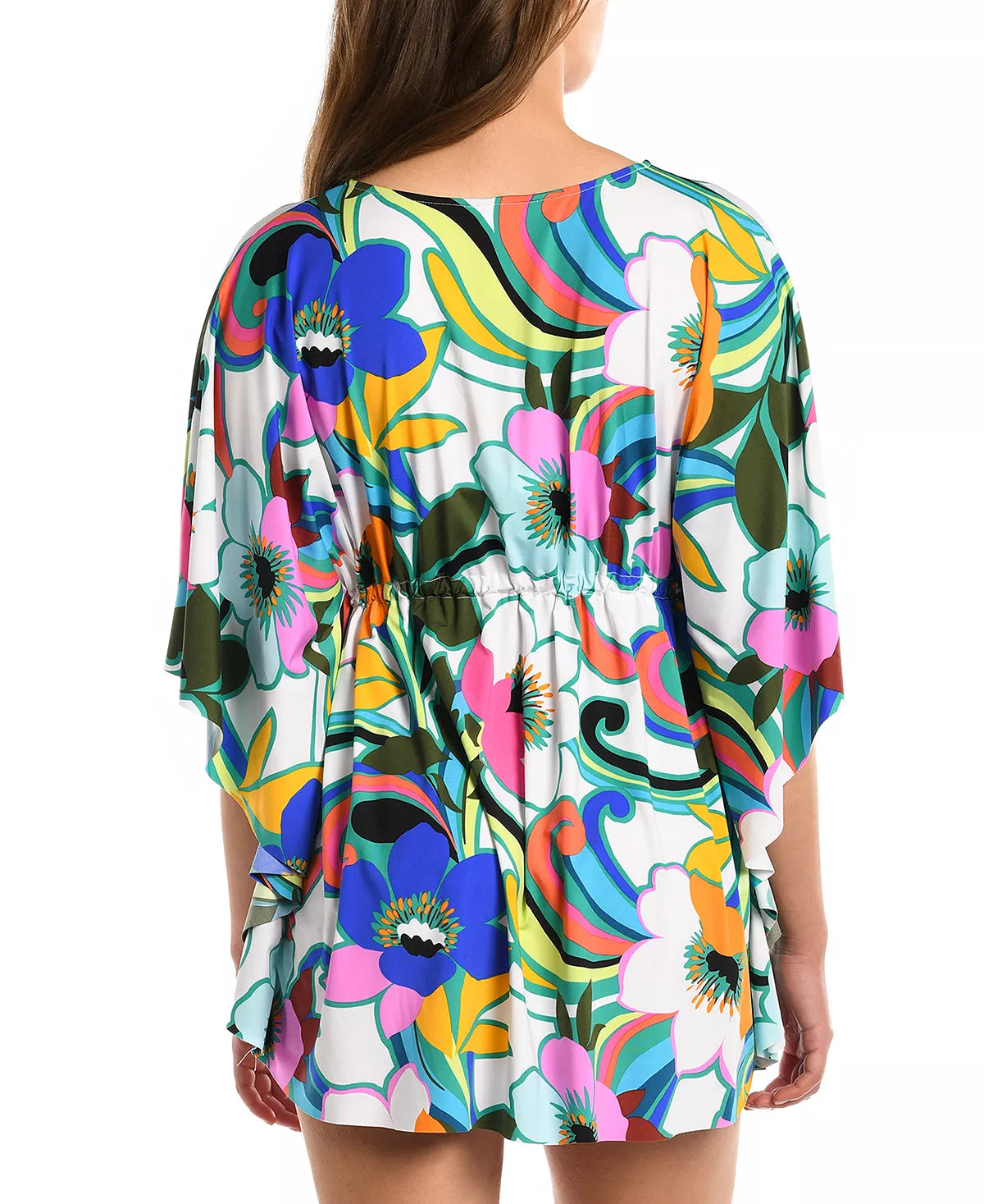 La Blanca Sun Catcher Caftan Cover-Up Fun florals &amp; a form-flattering silhouette Pullover styling; V-neck Allover floral print; drawstring waist; batwing sleeves  Hits at thigh Nylon/Elastane Back View