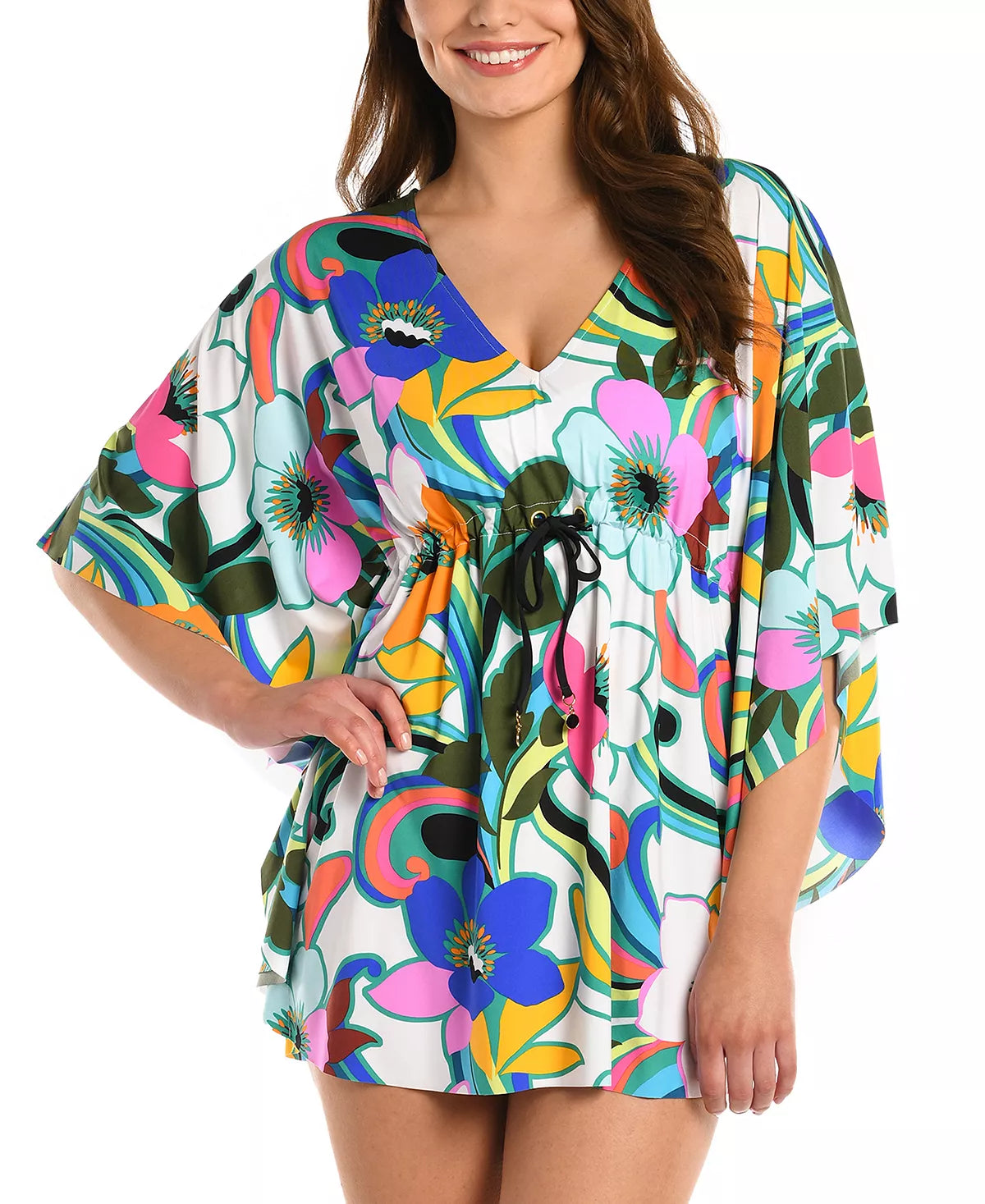 La Blanca Sun Catcher Caftan Cover-Up Fun florals &amp; a form-flattering silhouette Pullover styling; V-neck Allover floral print; drawstring waist; batwing sleeves  Hits at thigh Nylon/Elastane Front View