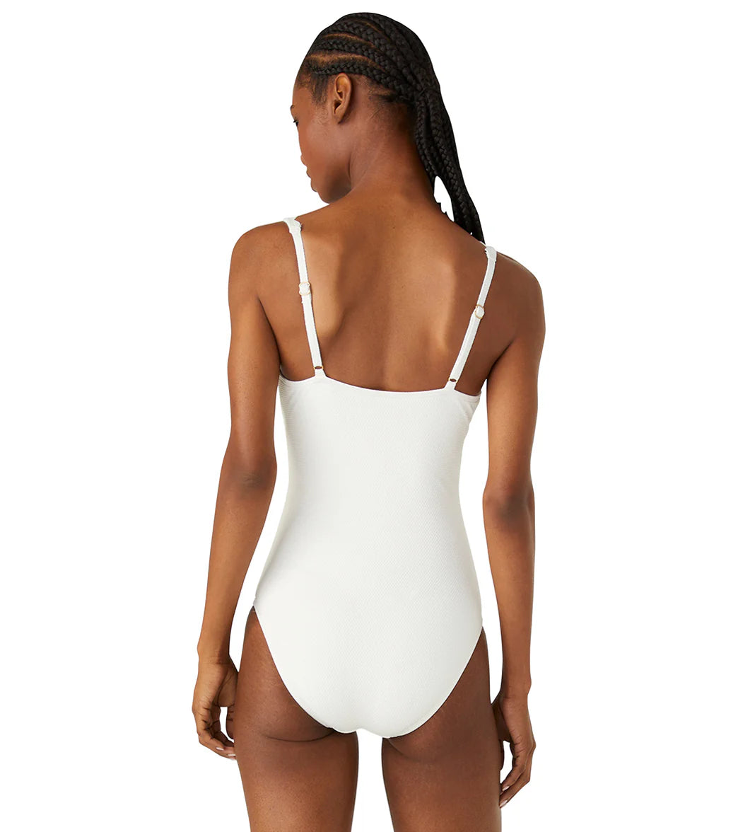 Kate Spade Slid Pique Plunge Mio One Piece Swimsuit Scalloped Neckline Removable Soft Cups Adjustable Straps for Comfort Textured Pique Fabric Swimsuit Fabric: 96% Nylon / 4% Spandex Hand Wash Cold, Line Dry Product #: S9B428 Back View