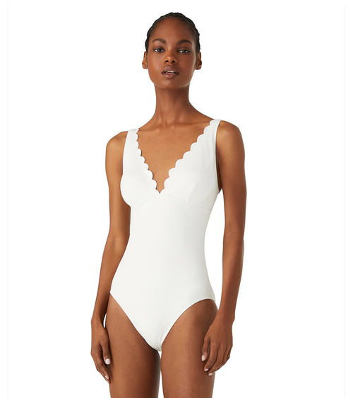 Kate Spade Slid Pique Plunge Mio One Piece Swimsuit Scalloped Neckline Removable Soft Cups Adjustable Straps for Comfort Textured Pique Fabric Swimsuit Fabric: 96% Nylon / 4% Spandex Hand Wash Cold, Line Dry Product #: S9B428 Front View