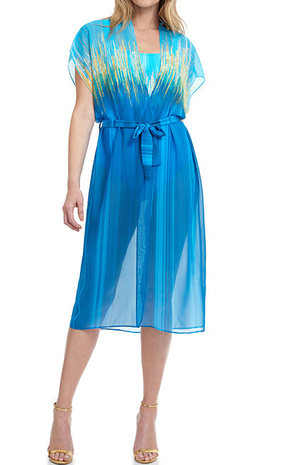 MOROCCAN SKY COLLECTION: ESSENTIALS BY GOTTEX   Open Kimono with Belt  Panel Ombre Print with Gold Foil Center Motif in Multi-Blue Colorway  Fabric Content: 100% Polyester Chiffon Made in Morocco   Product#: 23MS-711