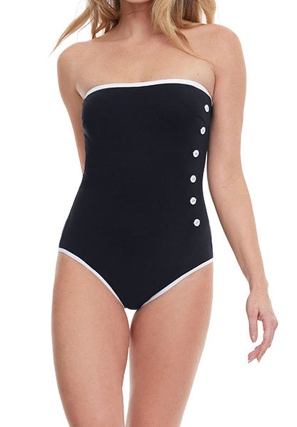 SAIL TO SUNSET COLLECTION: ESSENTIALS BY GOTTEX   Bandeau One Piece   Soft Cups with White Binding Edges and White Button Accessories For A Nautical Look  Fabric Content: 74% Polyamide 26% Elastane Made in Morocco   Product#: 23SS-070