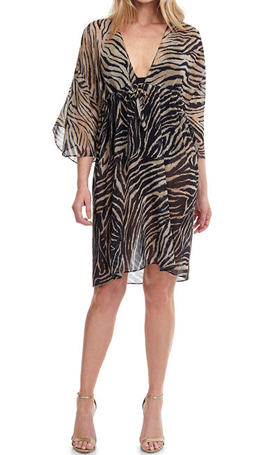WILDLIFE COLLECTION: ESSENTIALS BY GOTTEX  Deep V Neck Dress With Tie   A Classic Zebra Print In Multi-Brown With Crossover Motif  Fabric Content: 100% Polyester Woven Made in Morocco   Product#: 23WL-611