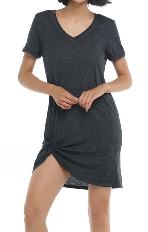 APRIL COLLECTION: COVERUPS  T-Shirt Dress  Poly Cotton Material, Burnout Wash, Lightweight, V-Neck, Front Fabric Twist Detail, Mid Thigh Length  Product#: 39-538624  
