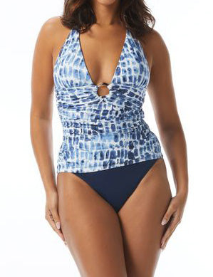 AMALFI COAST COLLECTION: CARMEN MARC VALVO  Shirred Halter Tankini Top  Features: Ring Trim, Fully Lined, Removable Soft Cups, Adjustable Back Tie & Self-Tie Halter Straps   Fabric Content: 85% Nylon 15% Spandex  Product#: C3P471