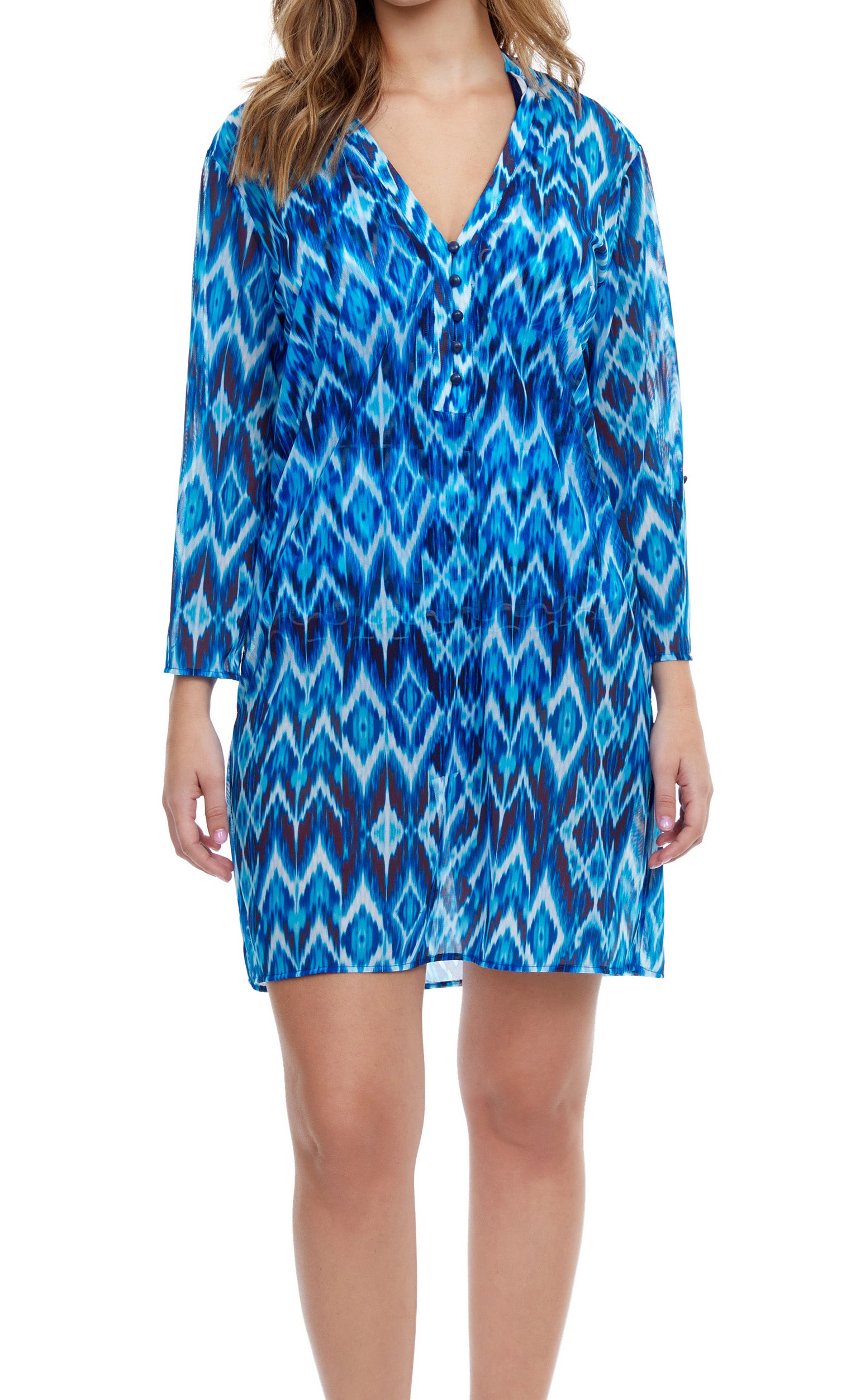 OCEAN BLUES COLLECTION  V Neck Mesh Tunic  Fabric Content: 90% Polyamide 10%Elastane Made in Morocco  Product#: E2303-3032