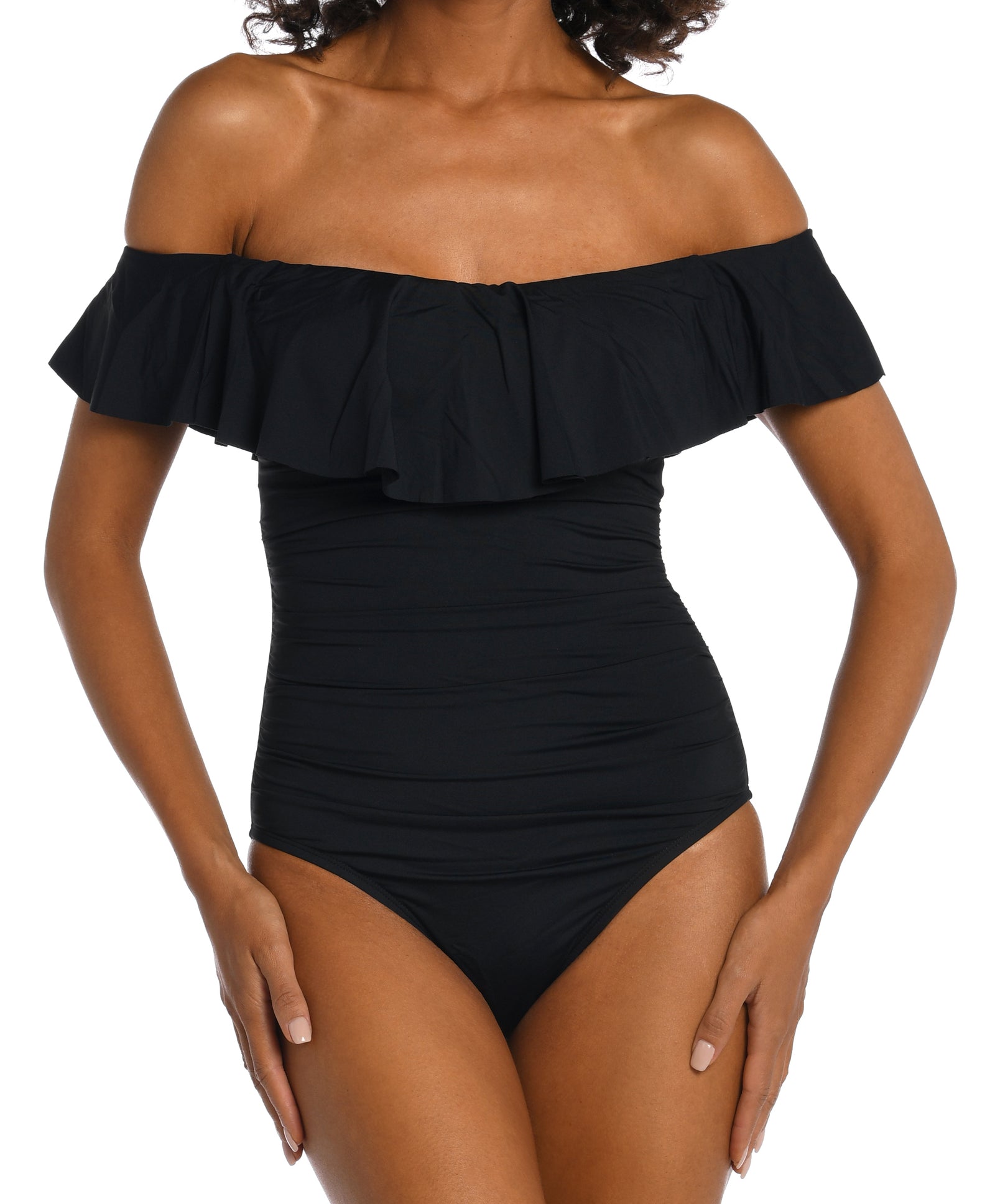 Island Goddess Collection  Off the Shoulder Ruffle Mio One Piece   Moderate Rear Coverage   Fabric Content: 83% Nylon / 17% Elastane   Product#: LB0IG11