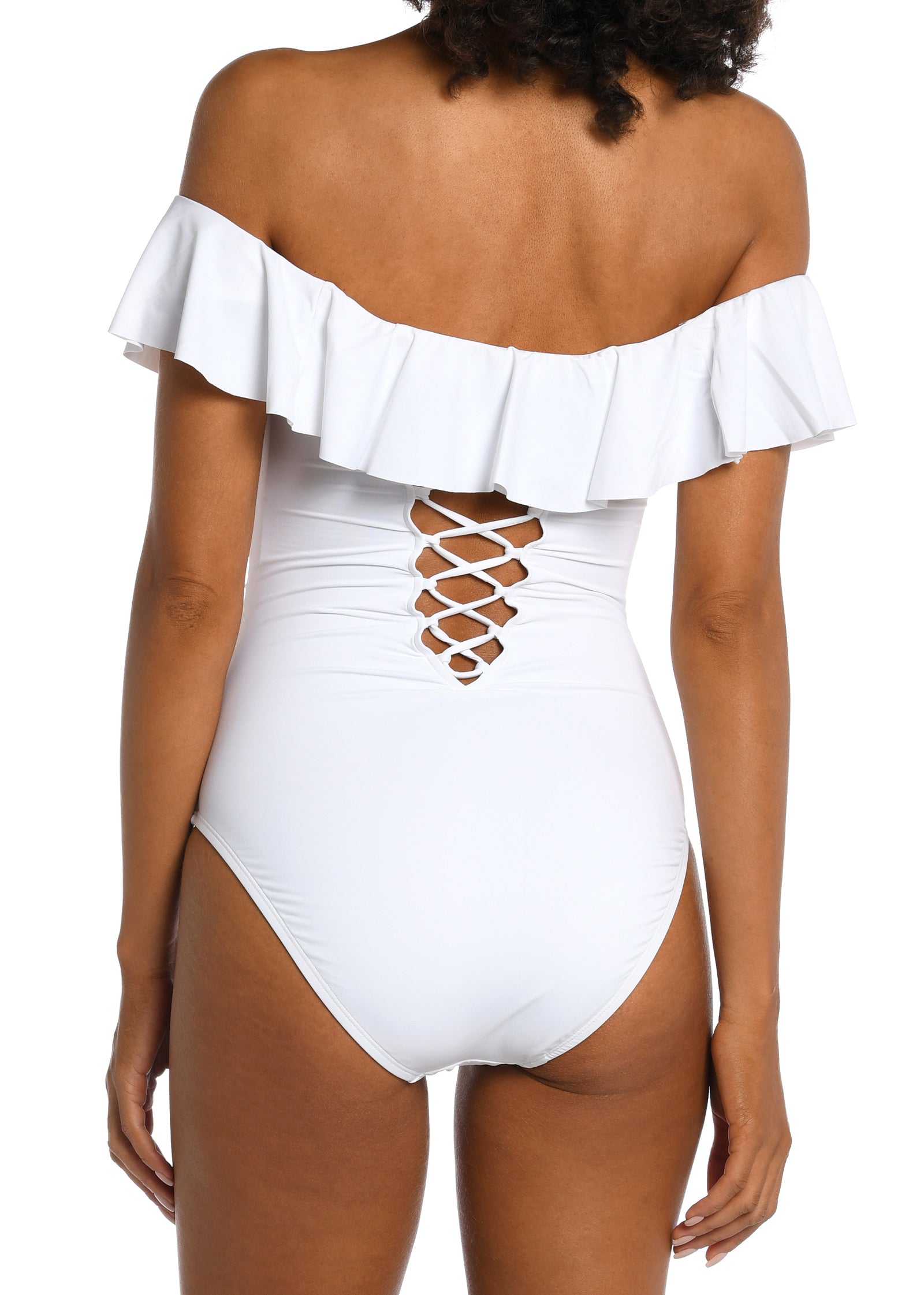Island Goddess Collection  Off the Shoulder Ruffle Mio One Piece   Moderate Rear Coverage   Fabric Content: 83% Nylon / 17% Elastane   Product#: LB0IG11