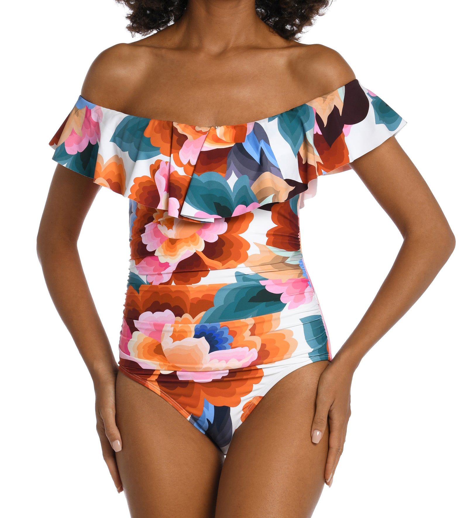 Floral Rhythm Collection   Off the Shoulder Ruffle Mio  Moderate Rear Coverage   Fabric Content: 83% Nylon / 17% Elastane   Product#: LB3VE11
