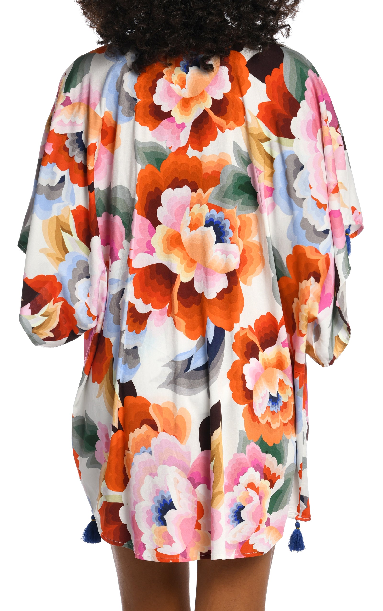 Floral Rhythm Collection  Kimono with Sapphire Tassels  One Size   Fabric Content: 100% Rayon Crepe   Product#: LB3VE63