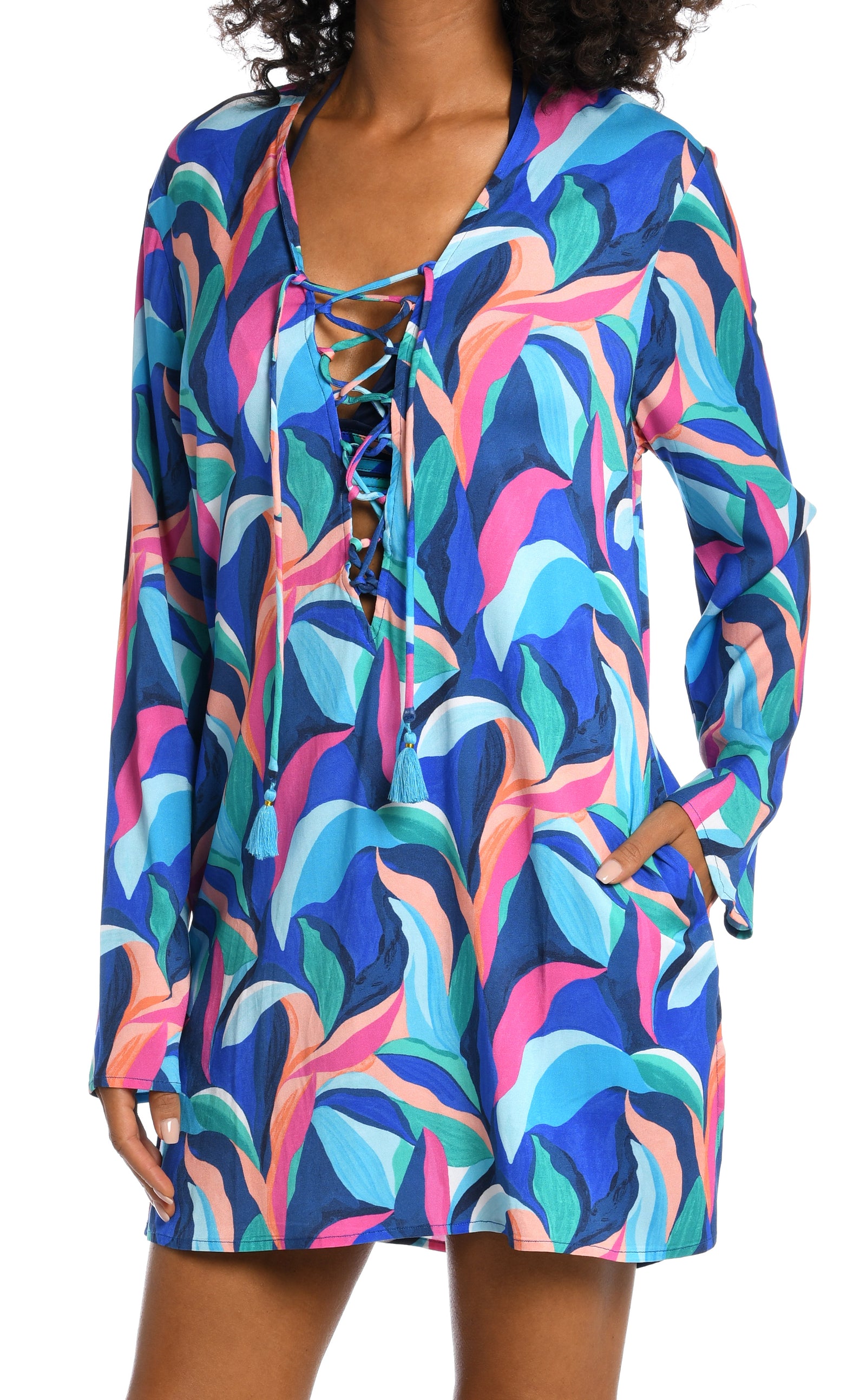 Painted Leaves Collection  V-Neck Tunic with Pockets and Pink Tassel Cord   Fabric Content: 100% Rayon Challis   Product#: LB3ZP55