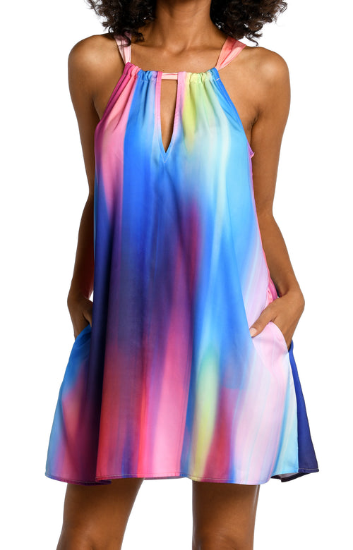 Sunset Shores Collection   High Neck Dress With Keyhole and Pockets   Fabric Content: 100% Polyester Habotai  Product#: LB3ZQ31