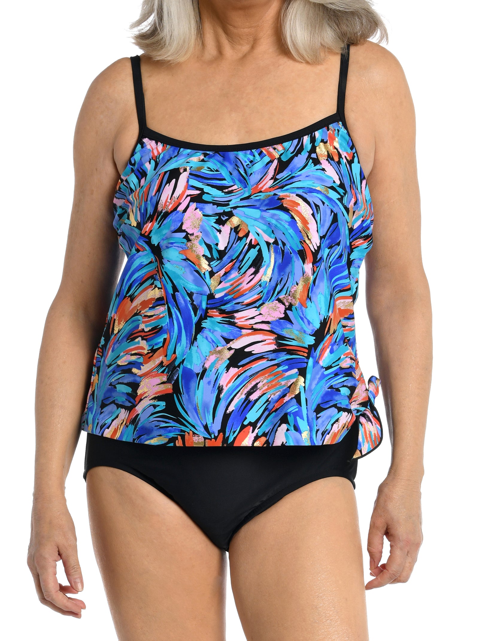 Feathers & Flair Collection  Scoop Neck Faux Tankini One Piece   Fabric Content: 82% Nylon / 18% Lycra Xtra Life Elastane  Product#: MM3CE12