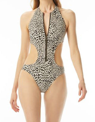 ABSTRACT ANIMAL COLLECTION: MICHAEL KORS  Zip Front Cut Out One Piece  Features: Double Lined and Removable Soft Cups   Fabric Content: Microfiber Jersey - 85% Nylon 15% Spandex  Product#: MM3K466