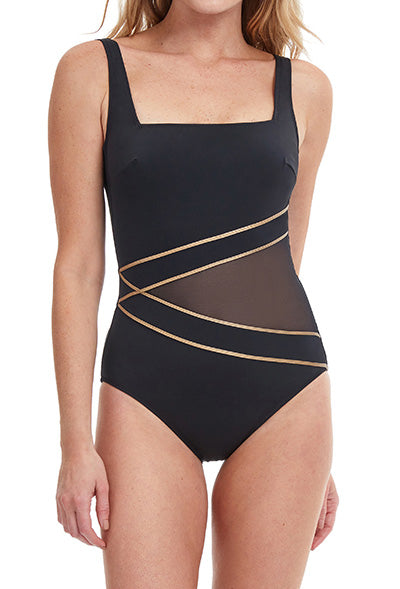 ONYX COLLECTION: ESSENTIALS BY GOTTEX  Square Neck One Piece with Soft Cups   US Fit: Lower Leg, More Bottom Coverage, Higher Back, Slightly Longer Torso, Higher Under The Arms.  Fabric Content: 72% Polyamide 28% Elastane Made in Morocco  Product#: OO-172U
