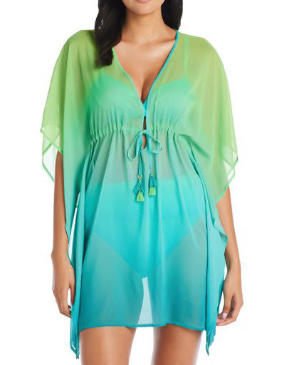 COOL BREEZE COLLECTION  Chiffon Caftan Cover Up  Color: Deep Water/Lime  Product#: RBCB23802