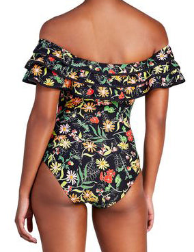 Rooftop Garden Collection  Ruffle Off The Shoulder One Piece Swimsuit  Features: Tiered Ruffles, Double Lined, Removable Soft Cups and Strap  Fabric Content:  Microfiber Jersey: 85% Nylon/15% Spandex   Lining: 92% Polyester/8% Spandex  Woven: 100% Rayon  Product#: S65216