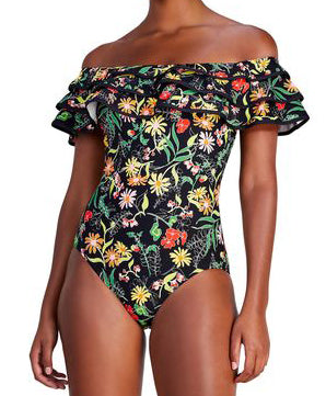 Rooftop Garden Collection  Ruffle Off The Shoulder One Piece Swimsuit  Features: Tiered Ruffles, Double Lined, Removable Soft Cups and Strap  Fabric Content:  Microfiber Jersey: 85% Nylon/15% Spandex   Lining: 92% Polyester/8% Spandex  Woven: 100% Rayon  Product#: S65216