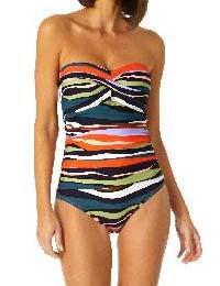Sandy Waves Collection  Twist Front Shirred Bandeau One Piece  Multi-color  Fabric Content:  Shell: 82% Nylon/18% Spandex  Lining: 90% Nylon/10% Spandex   Product#: 23MO00585
