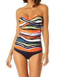 Sandy Waves Collection  Twist Front Shirred Bandeau-kini  Multi-color  Fabric Content:   Shell: 82% Nylon/18% Spandex  Lining: 90% Nylon/10% Spandex  Product#: 23MT25085