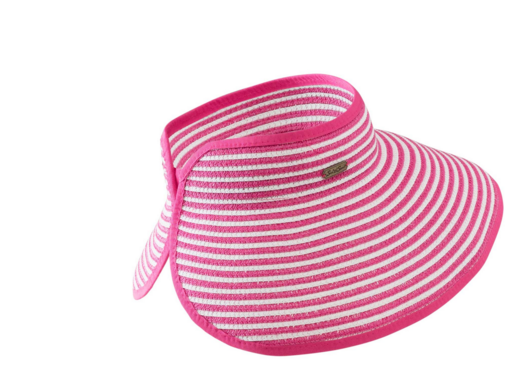 Wide brim for extra sun protection Adjustable to fit most head sizes Open top  Features a roll up function, and foldable for easy storage or travel pink and white