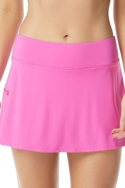 Swim Skort Boy Shorts Attached Underneath Full Coverage Zippered Pocke 50+ UPF 4 Way Stretch Soft Touch Comfort Fabric with Lycra® Chlorine Resistant Fabric Content: 85% Nylon/15% Xtra Life Lycra® Hand Wash Cold, Line Dry